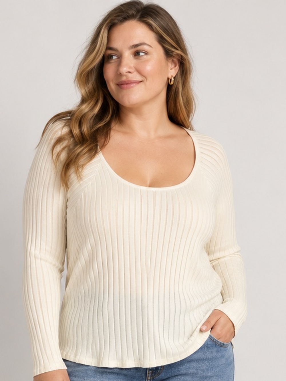 NWT Knox Rose Cream Ribbed Knit Scoop Neck Stretchy Long Sleeve Top XL NWOT